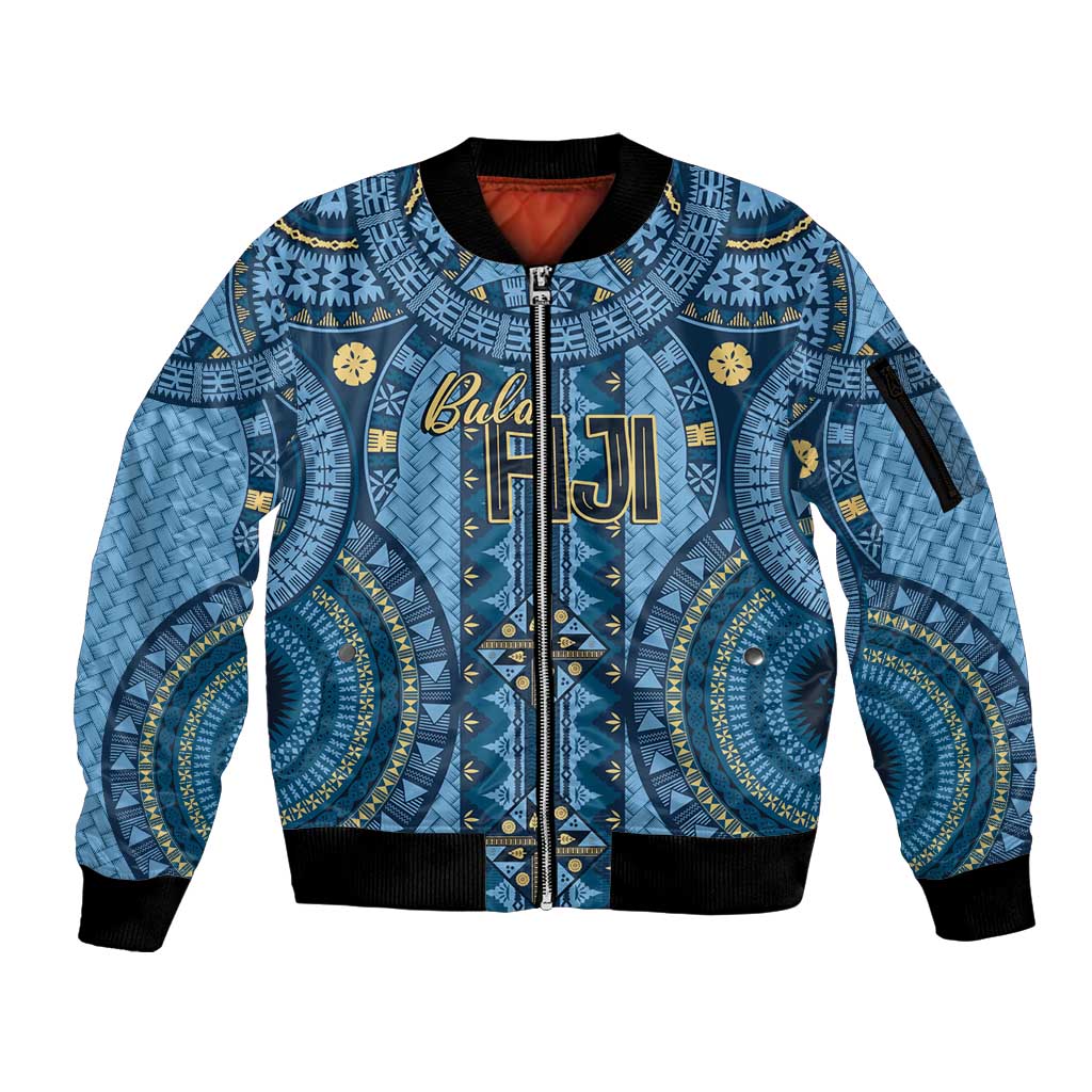 Bula Fiji Vintage Sleeve Zip Bomber Jacket Prussian Blue Masi Motifs LT7 Unisex Prussian Blue - Polynesian Pride
