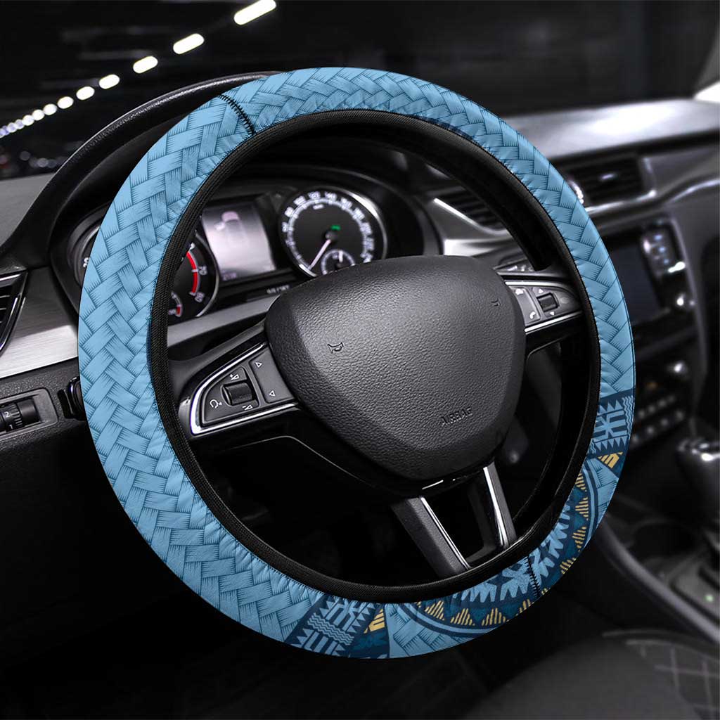 Bula Fiji Vintage Steering Wheel Cover Prussian Blue Masi Motifs LT7 Universal Fit Prussian Blue - Polynesian Pride