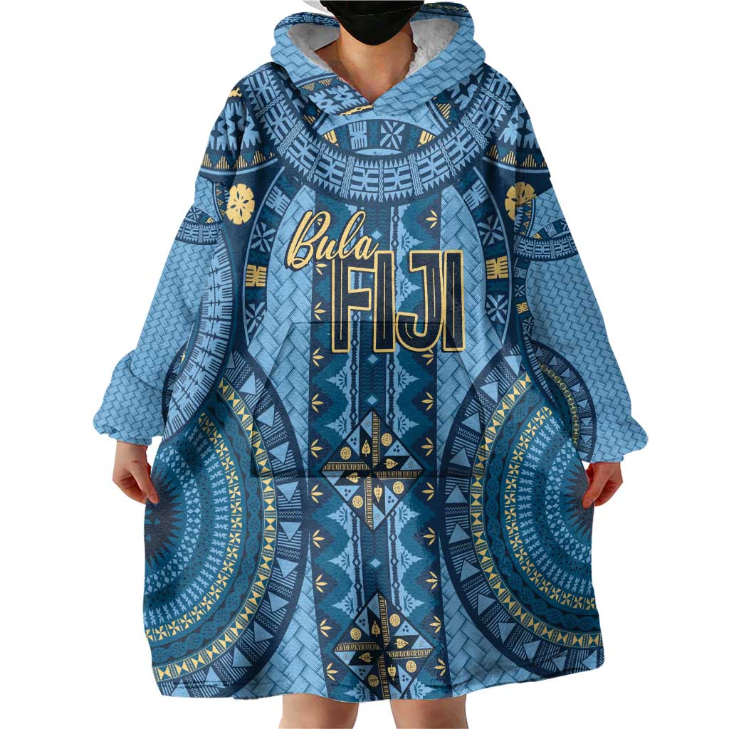 Bula Fiji Vintage Wearable Blanket Hoodie Prussian Blue Masi Motifs