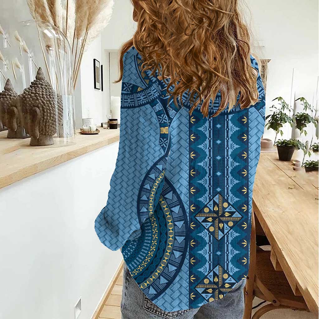 Bula Fiji Vintage Women Casual Shirt Prussian Blue Masi Motifs