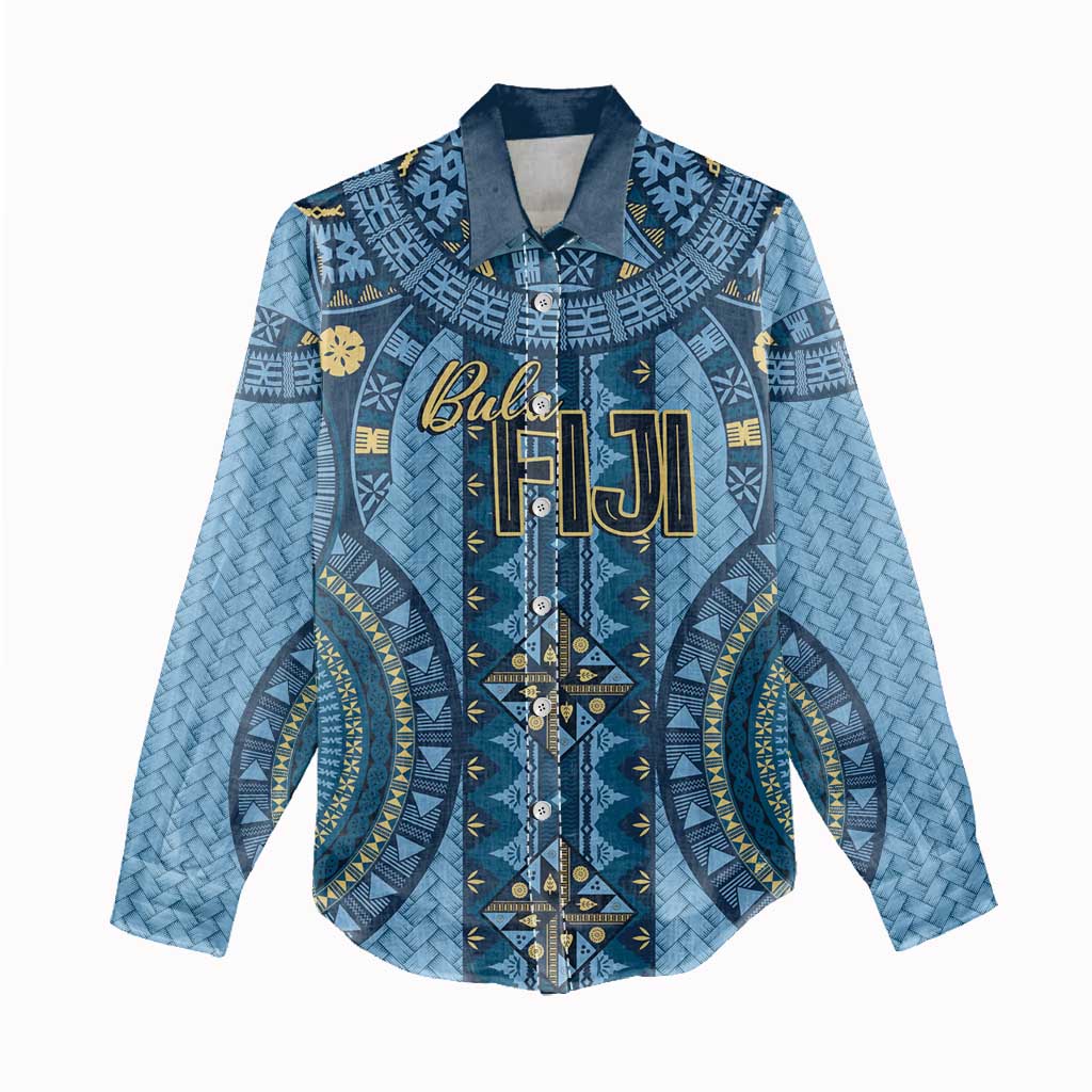 Bula Fiji Vintage Women Casual Shirt Prussian Blue Masi Motifs