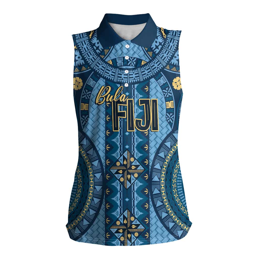 Bula Fiji Vintage Women Sleeveless Polo Shirt Prussian Blue Masi Motifs