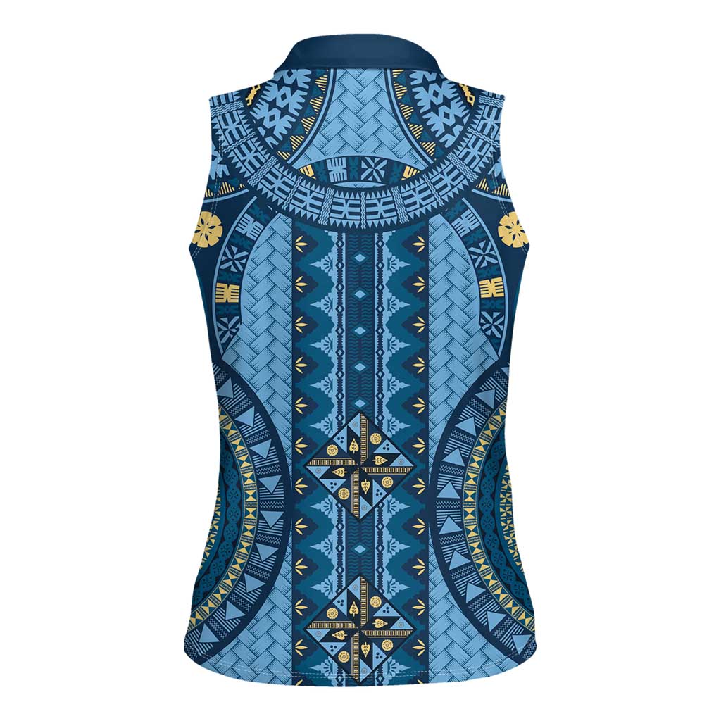 Bula Fiji Vintage Women Sleeveless Polo Shirt Prussian Blue Masi Motifs