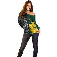 Personalised New Zealand Mix South Africa Rugby Off Shoulder Sweater Protea Vs. Silver Ferns LT7 - Polynesian Pride