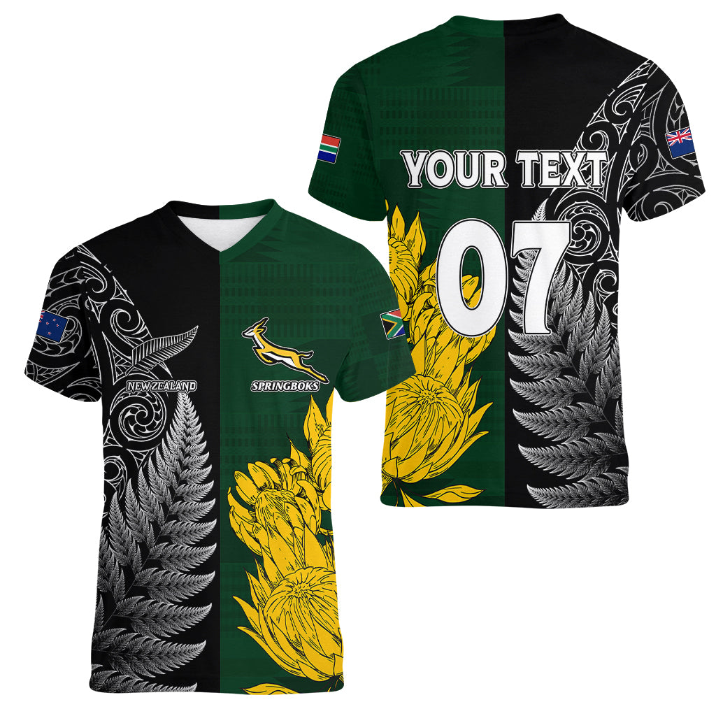 Personalised New Zealand Mix South Africa Rugby Women V Neck T Shirt Protea Vs. Silver Ferns LT7 - Polynesian Pride