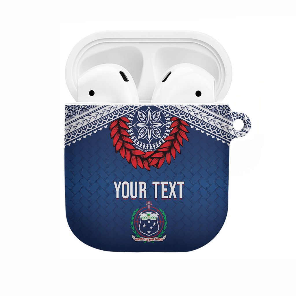 Manu Samoa Rugby Custom Navy Blue AirPods Case ʻIe Toga Pattern With Red Ula fala