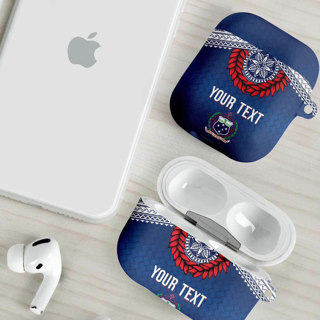 Manu Samoa Rugby Custom Navy Blue AirPods Case ʻIe Toga Pattern With Red Ula fala