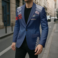 Manu Samoa Rugby Custom Navy Blue Blazer ʻIe Toga Pattern With Red Ula fala