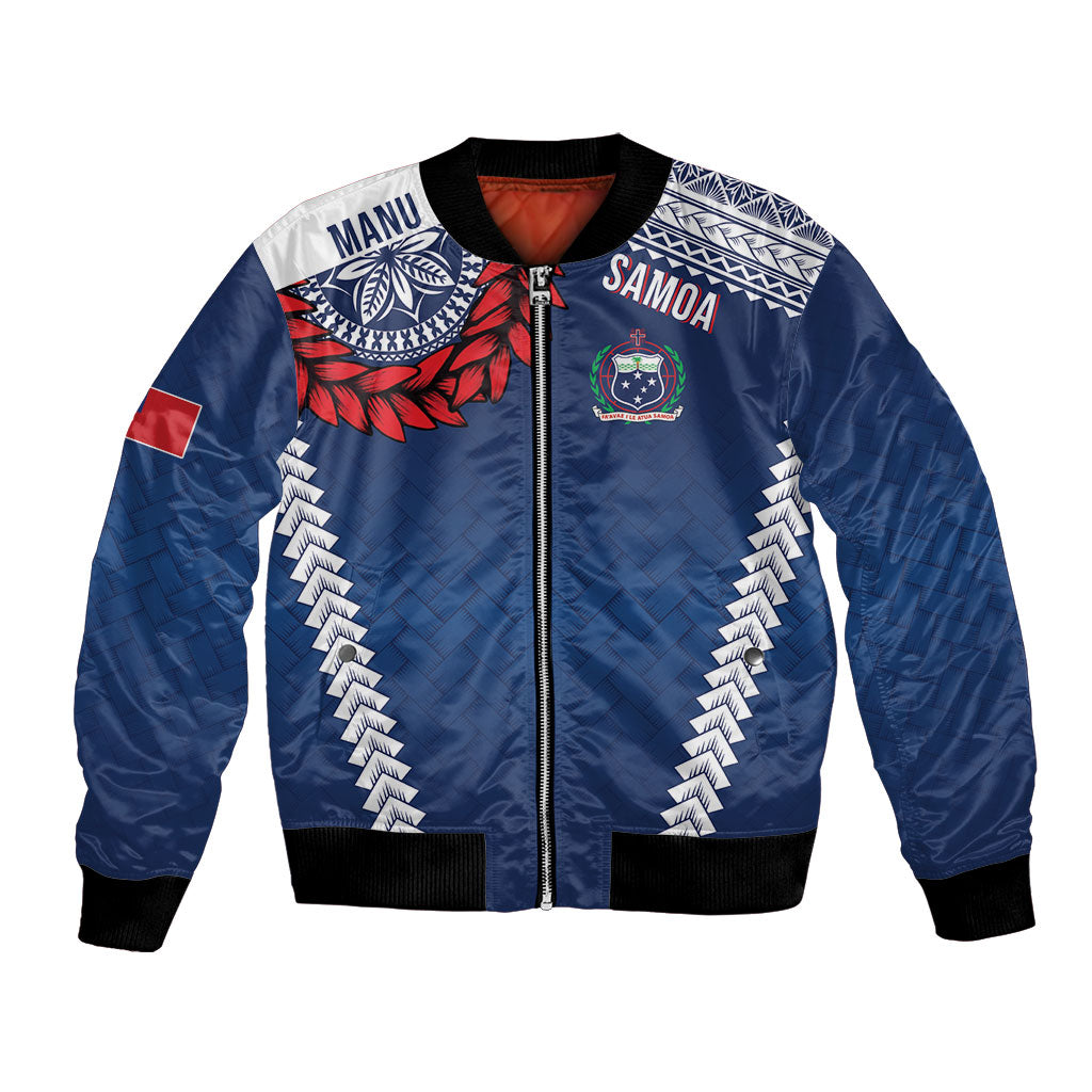 Manu Samoa Rugby Custom Navy Blue Bomber Jacket ʻIe Toga Pattern With Red Ula fala