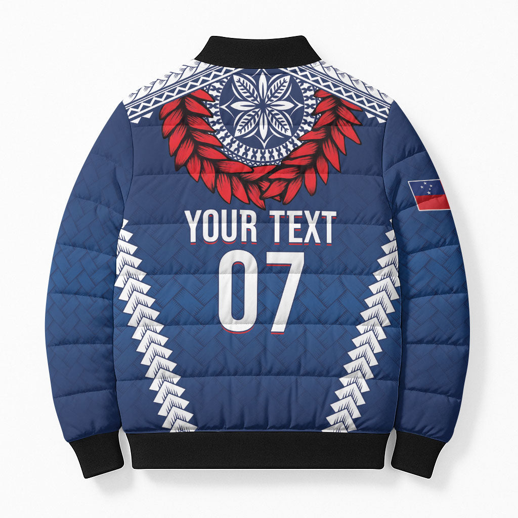 Manu Samoa Rugby Custom Navy Blue Bomber Puffer Jacket ʻIe Toga Pattern With Red Ula fala