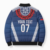 Manu Samoa Rugby Custom Navy Blue Bomber Puffer Jacket ʻIe Toga Pattern With Red Ula fala
