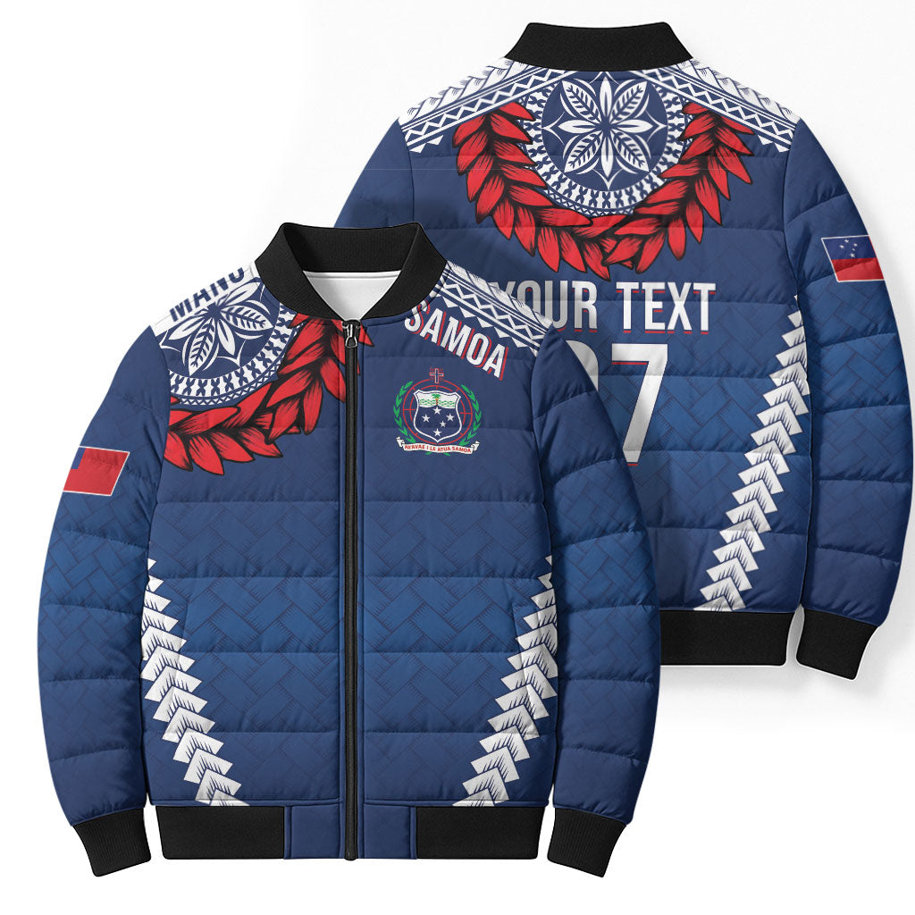 Manu Samoa Rugby Custom Navy Blue Bomber Puffer Jacket ʻIe Toga Pattern With Red Ula fala
