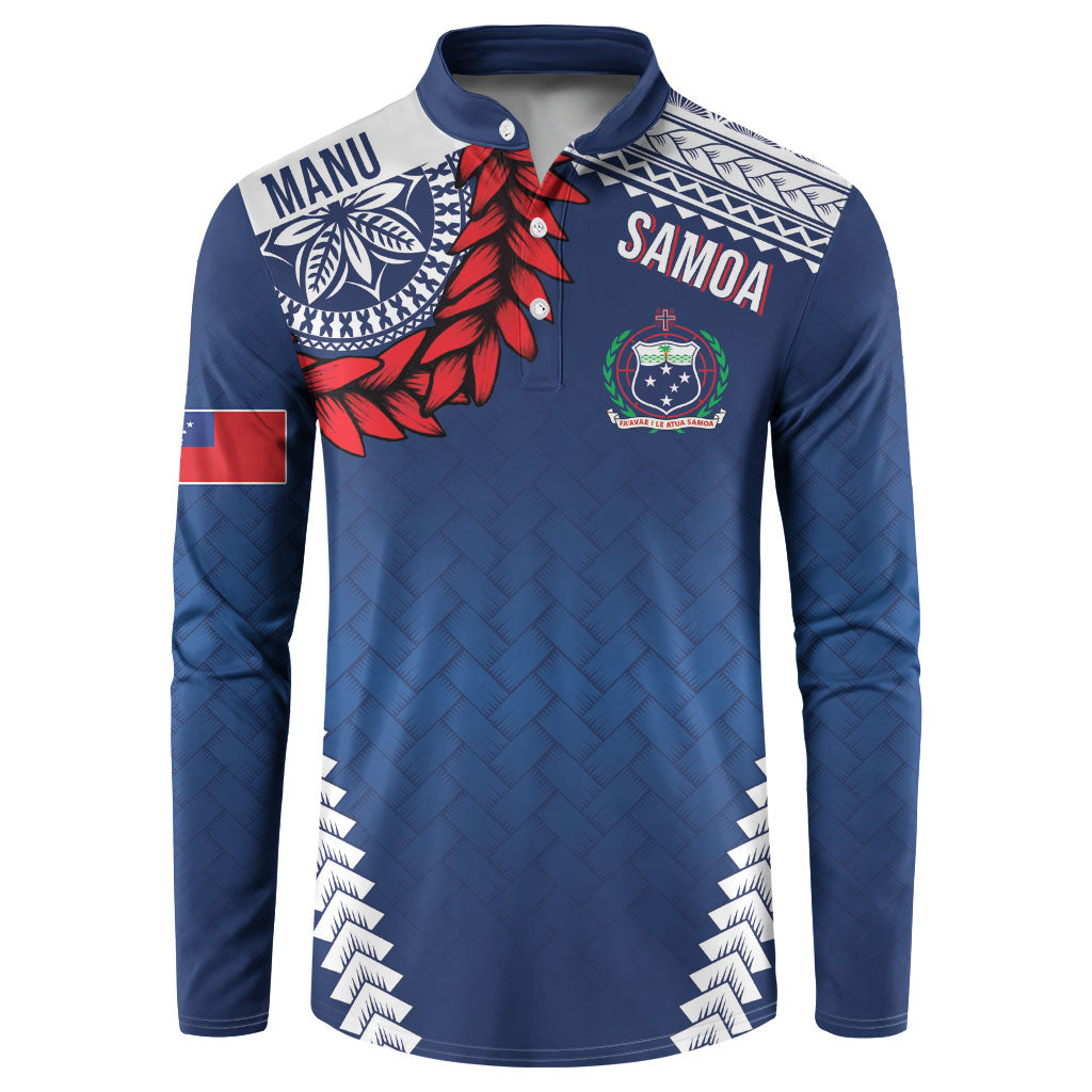 Manu Samoa Rugby Custom Navy Blue Button Sweatshirt ʻIe Toga Pattern With Red Ula fala