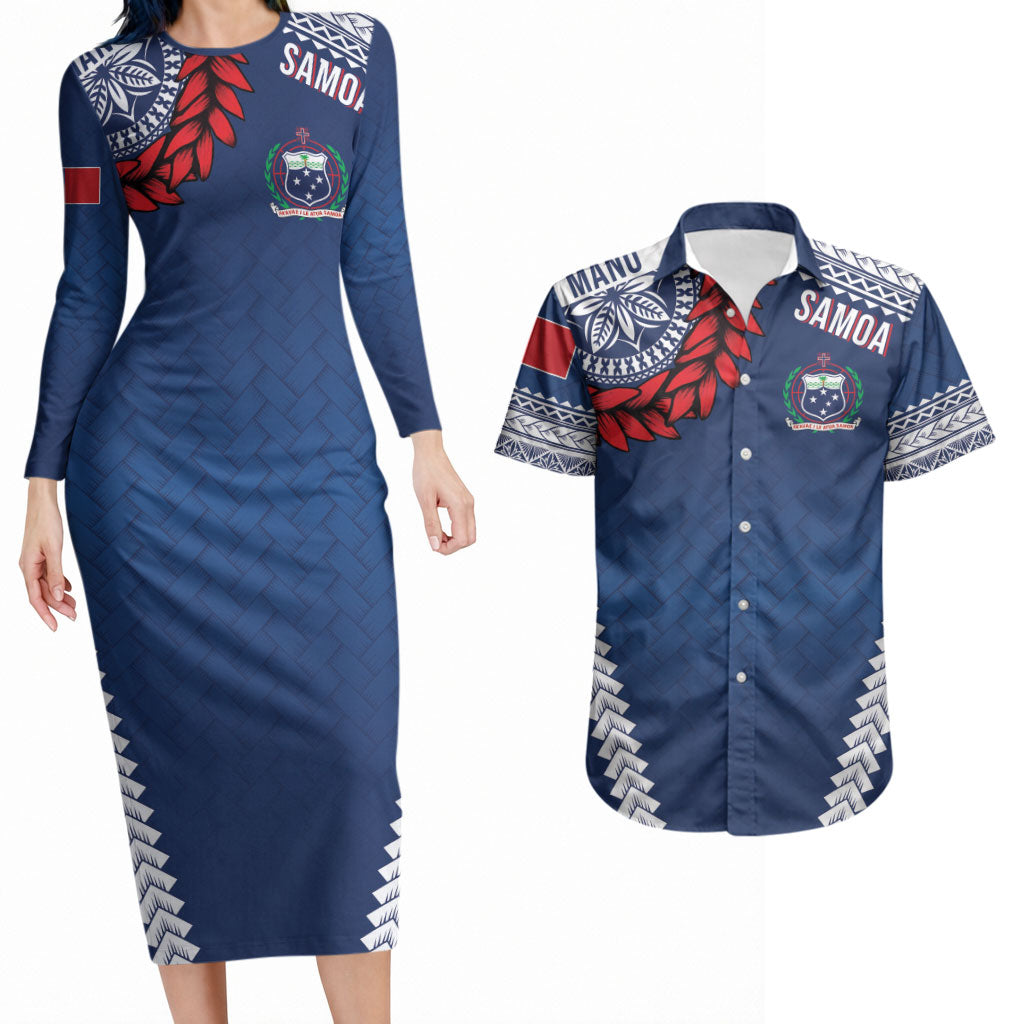 Manu Samoa Rugby Custom Navy Blue Couples Matching Long Sleeve Bodycon Dress and Hawaiian Shirt ʻIe Toga Pattern With Red Ula fala