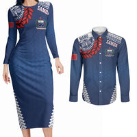 Manu Samoa Rugby Custom Navy Blue Couples Matching Long Sleeve Bodycon Dress and Long Sleeve Button Shirt ʻIe Toga Pattern With Red Ula fala