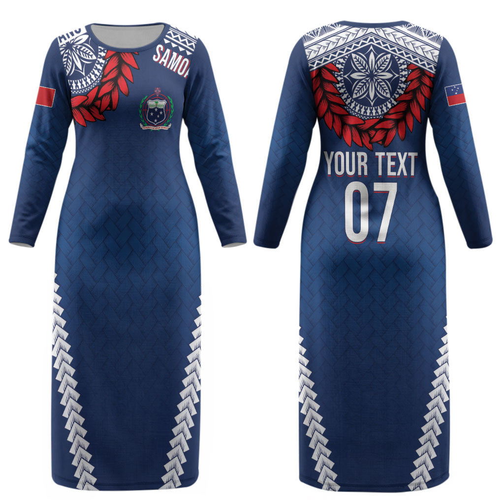 Manu Samoa Rugby Custom Navy Blue Couples Matching Long Sleeve Bodycon Dress and Long Sleeve Button Shirt ʻIe Toga Pattern With Red Ula fala