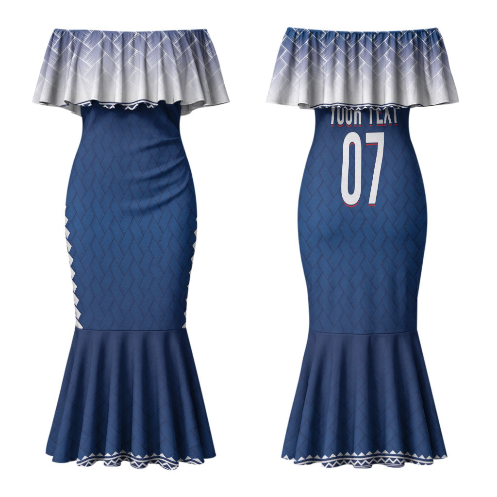 Manu Samoa Rugby Custom Navy Blue Couples Matching Mermaid Dress and Hawaiian Shirt ʻIe Toga Pattern With Red Ula fala