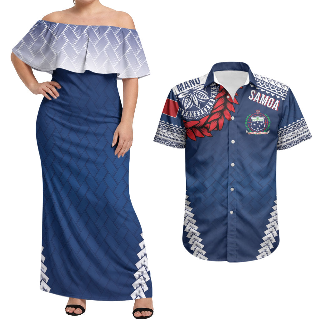 Manu Samoa Rugby Custom Navy Blue Couples Matching Off Shoulder Maxi Dress and Hawaiian Shirt ʻIe Toga Pattern With Red Ula fala