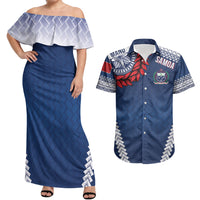 Manu Samoa Rugby Custom Navy Blue Couples Matching Off Shoulder Maxi Dress and Hawaiian Shirt ʻIe Toga Pattern With Red Ula fala