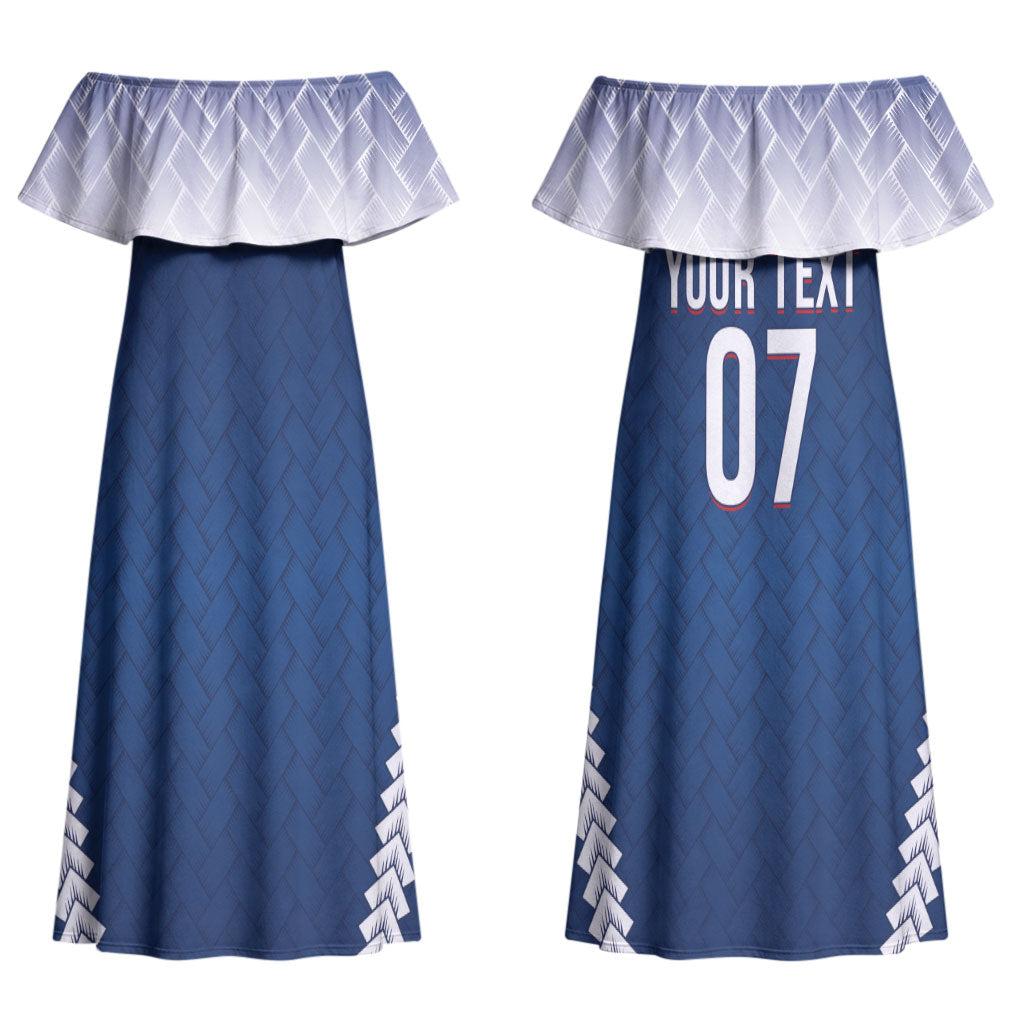 Manu Samoa Rugby Custom Navy Blue Couples Matching Off Shoulder Maxi Dress and Hawaiian Shirt ʻIe Toga Pattern With Red Ula fala