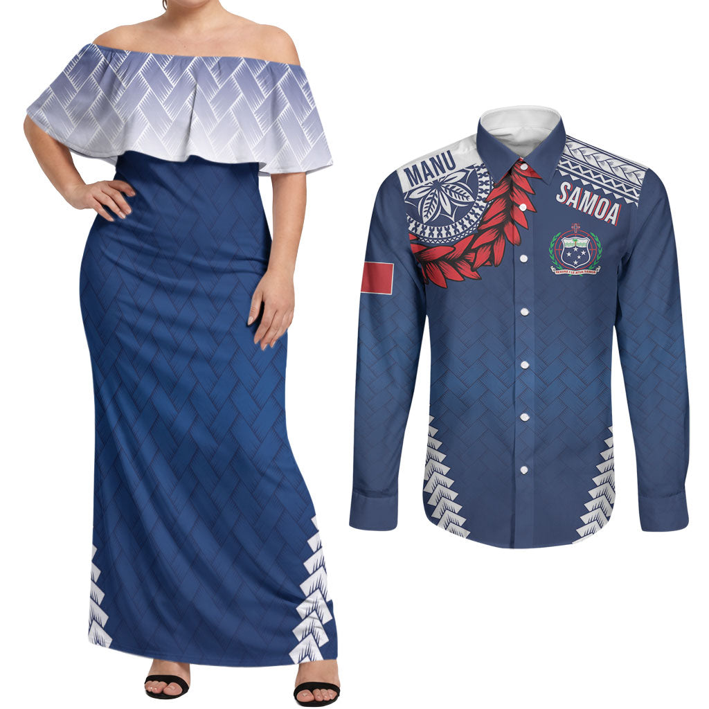 Manu Samoa Rugby Custom Navy Blue Couples Matching Off Shoulder Maxi Dress and Long Sleeve Button Shirt ʻIe Toga Pattern With Red Ula fala