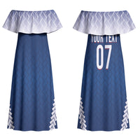 Manu Samoa Rugby Custom Navy Blue Couples Matching Off Shoulder Maxi Dress and Long Sleeve Button Shirt ʻIe Toga Pattern With Red Ula fala