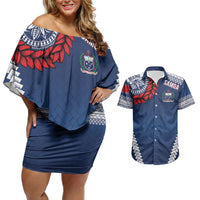 Manu Samoa Rugby Custom Navy Blue Couples Matching Off Shoulder Short Dress and Hawaiian Shirt ʻIe Toga Pattern With Red Ula fala