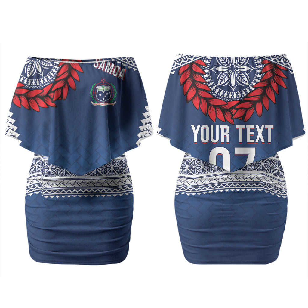 Manu Samoa Rugby Custom Navy Blue Couples Matching Off Shoulder Short Dress and Hawaiian Shirt ʻIe Toga Pattern With Red Ula fala