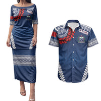 Manu Samoa Rugby Custom Navy Blue Couples Matching Puletasi and Hawaiian Shirt ʻIe Toga Pattern With Red Ula fala