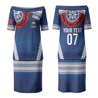 Manu Samoa Rugby Custom Navy Blue Couples Matching Puletasi and Hawaiian Shirt ʻIe Toga Pattern With Red Ula fala