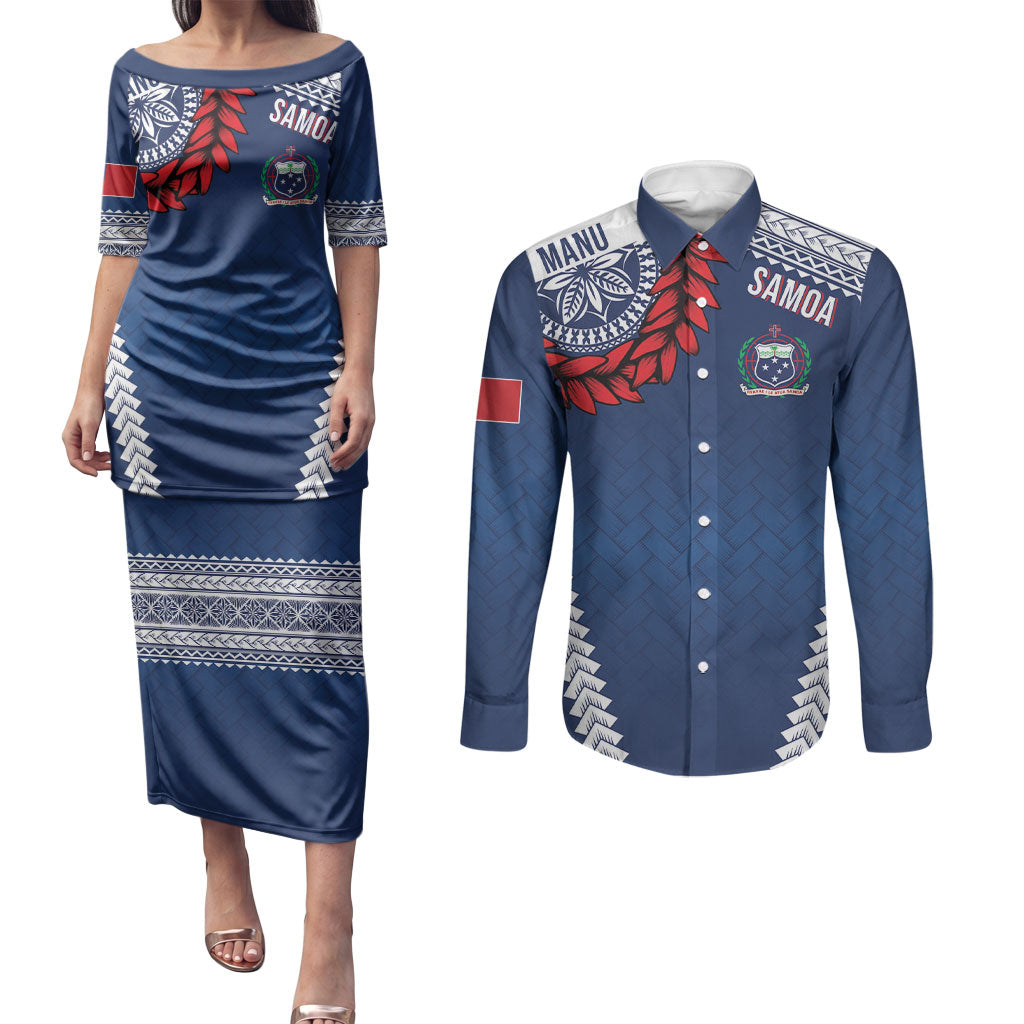 Manu Samoa Rugby Custom Navy Blue Couples Matching Puletasi and Long Sleeve Button Shirt ʻIe Toga Pattern With Red Ula fala