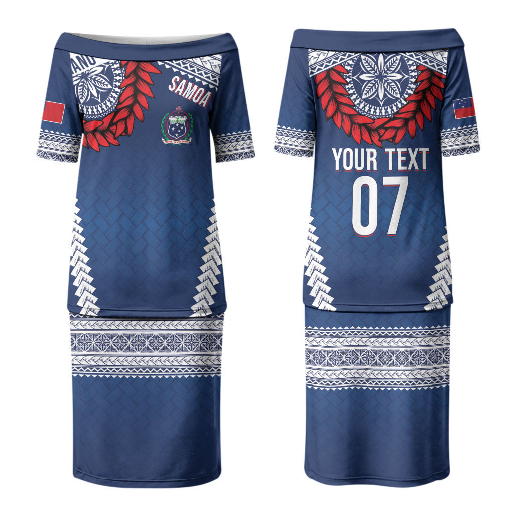 Manu Samoa Rugby Custom Navy Blue Couples Matching Puletasi and Long Sleeve Button Shirt ʻIe Toga Pattern With Red Ula fala