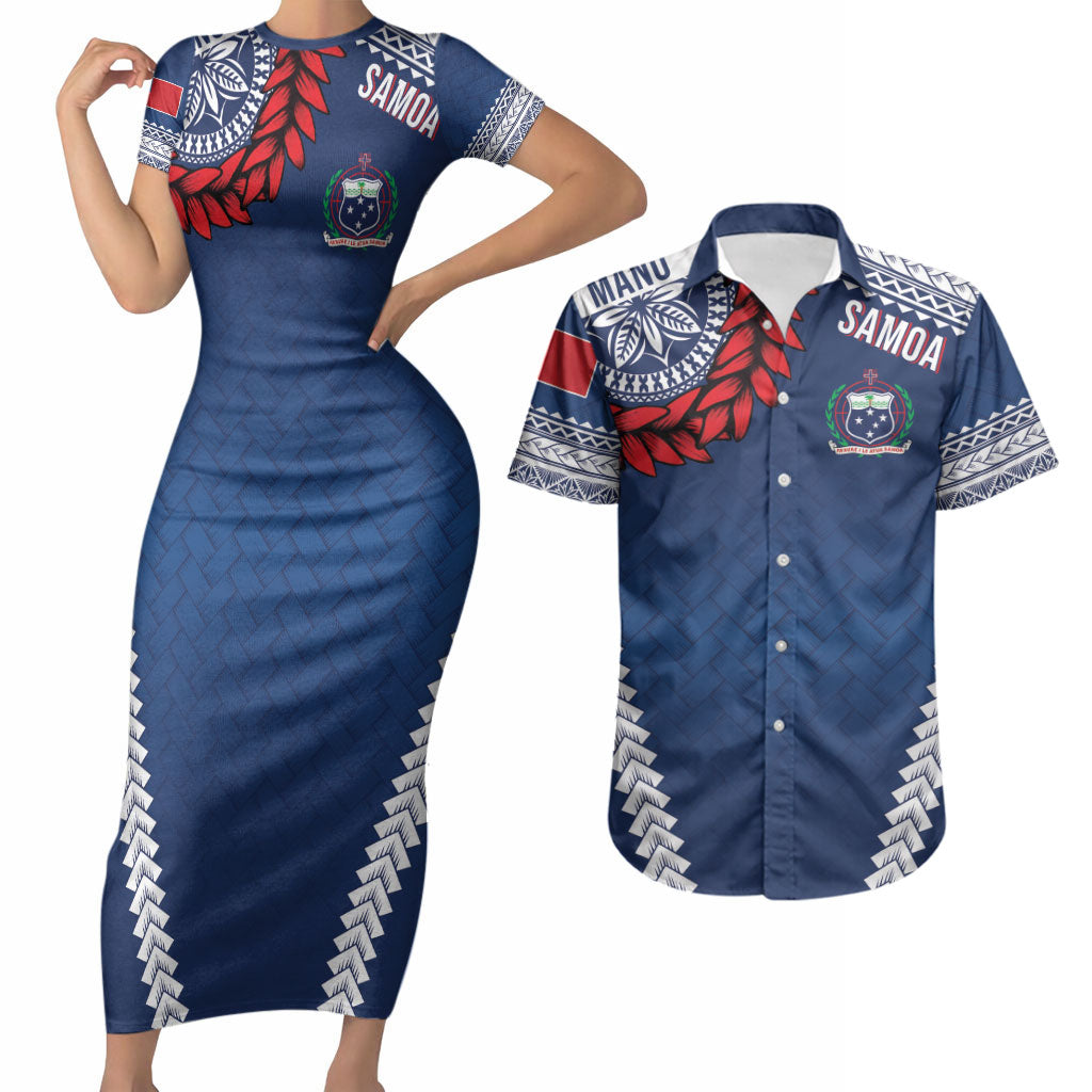 Manu Samoa Rugby Custom Navy Blue Couples Matching Short Sleeve Bodycon Dress and Hawaiian Shirt ʻIe Toga Pattern With Red Ula fala