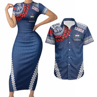 Manu Samoa Rugby Custom Navy Blue Couples Matching Short Sleeve Bodycon Dress and Hawaiian Shirt ʻIe Toga Pattern With Red Ula fala