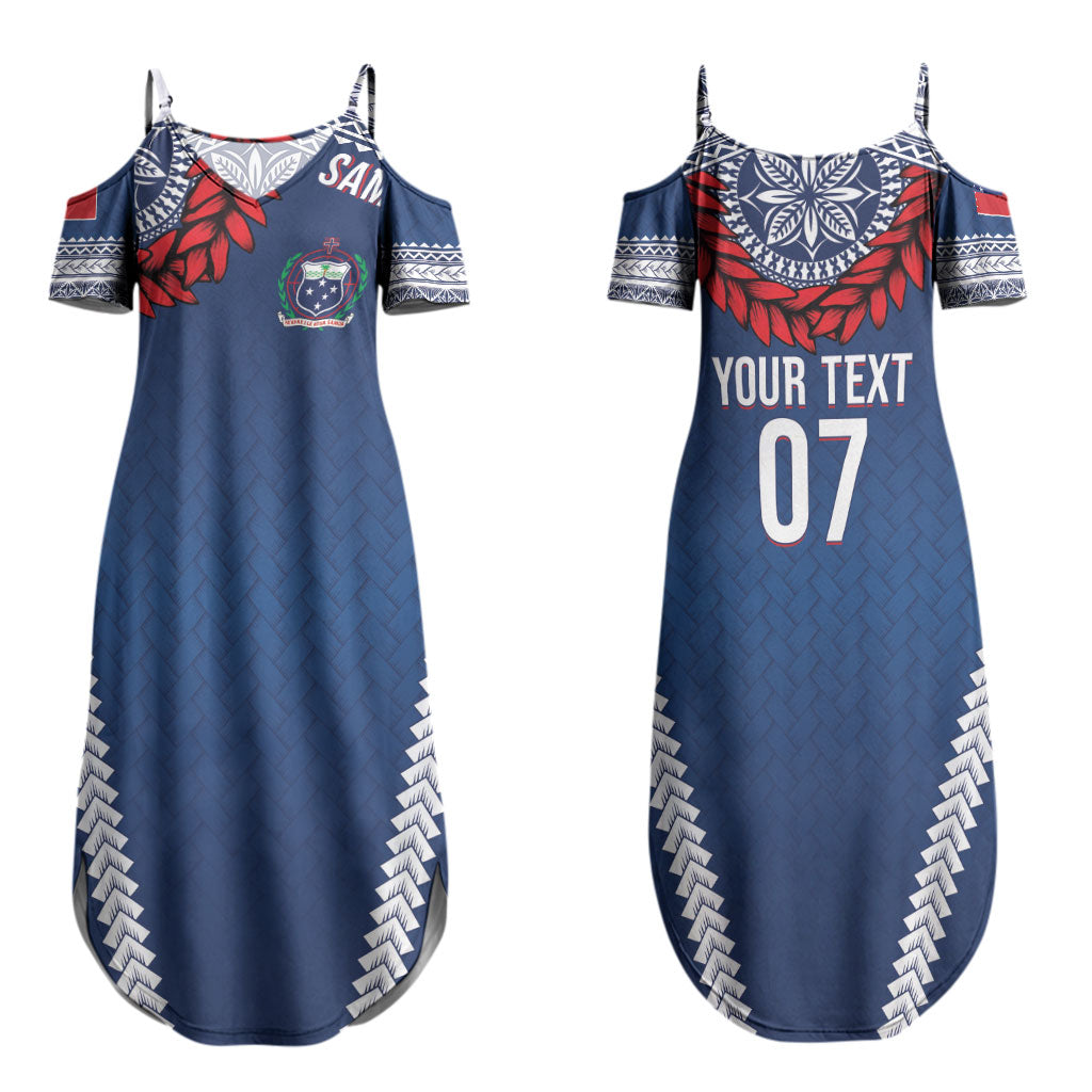Manu Samoa Rugby Custom Navy Blue Couples Matching Summer Maxi Dress and Hawaiian Shirt ʻIe Toga Pattern With Red Ula fala