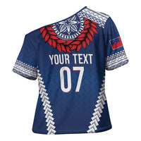 Manu Samoa Rugby Custom Navy Blue Cross Shoulder Shirt ʻIe Toga Pattern With Red Ula fala