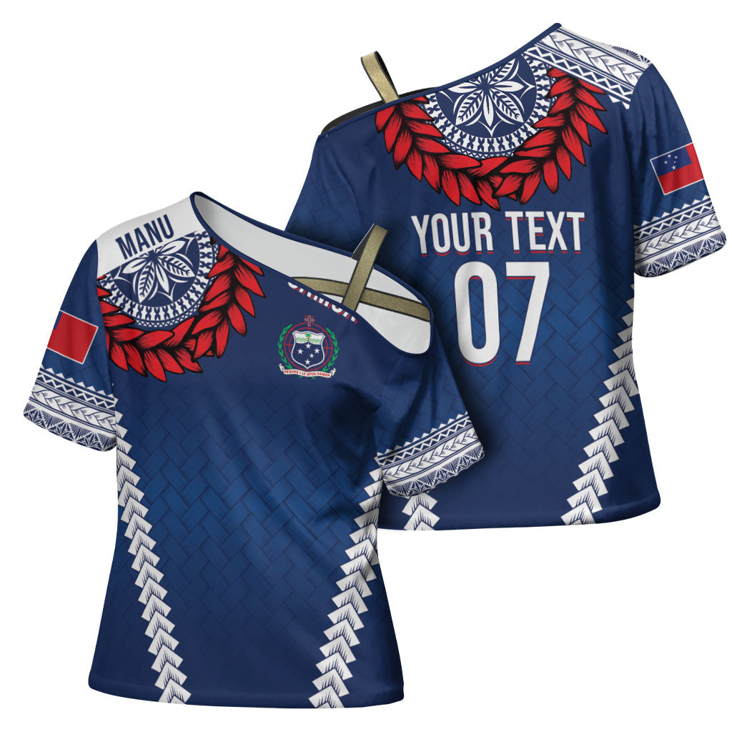 Manu Samoa Rugby Custom Navy Blue Cross Shoulder Shirt ʻIe Toga Pattern With Red Ula fala