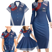 Manu Samoa Rugby Custom Navy Blue Family Matching Long Sleeve Bodycon Dress and Hawaiian Shirt ʻIe Toga Pattern With Red Ula fala