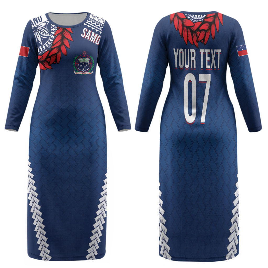 Manu Samoa Rugby Custom Navy Blue Family Matching Long Sleeve Bodycon Dress and Hawaiian Shirt ʻIe Toga Pattern With Red Ula fala