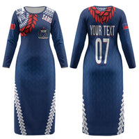 Manu Samoa Rugby Custom Navy Blue Family Matching Long Sleeve Bodycon Dress and Hawaiian Shirt ʻIe Toga Pattern With Red Ula fala