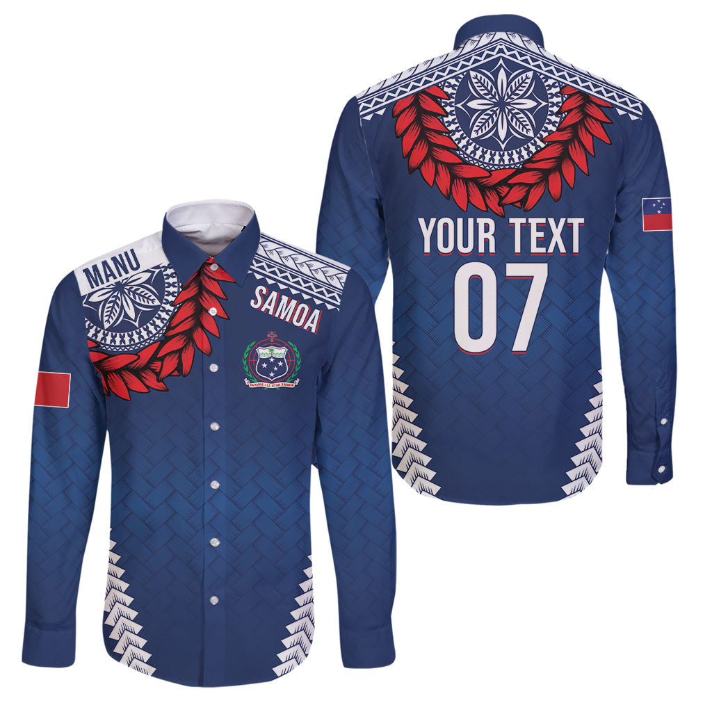 Manu Samoa Rugby Custom Navy Blue Family Matching Long Sleeve Bodycon Dress and Hawaiian Shirt ʻIe Toga Pattern With Red Ula fala