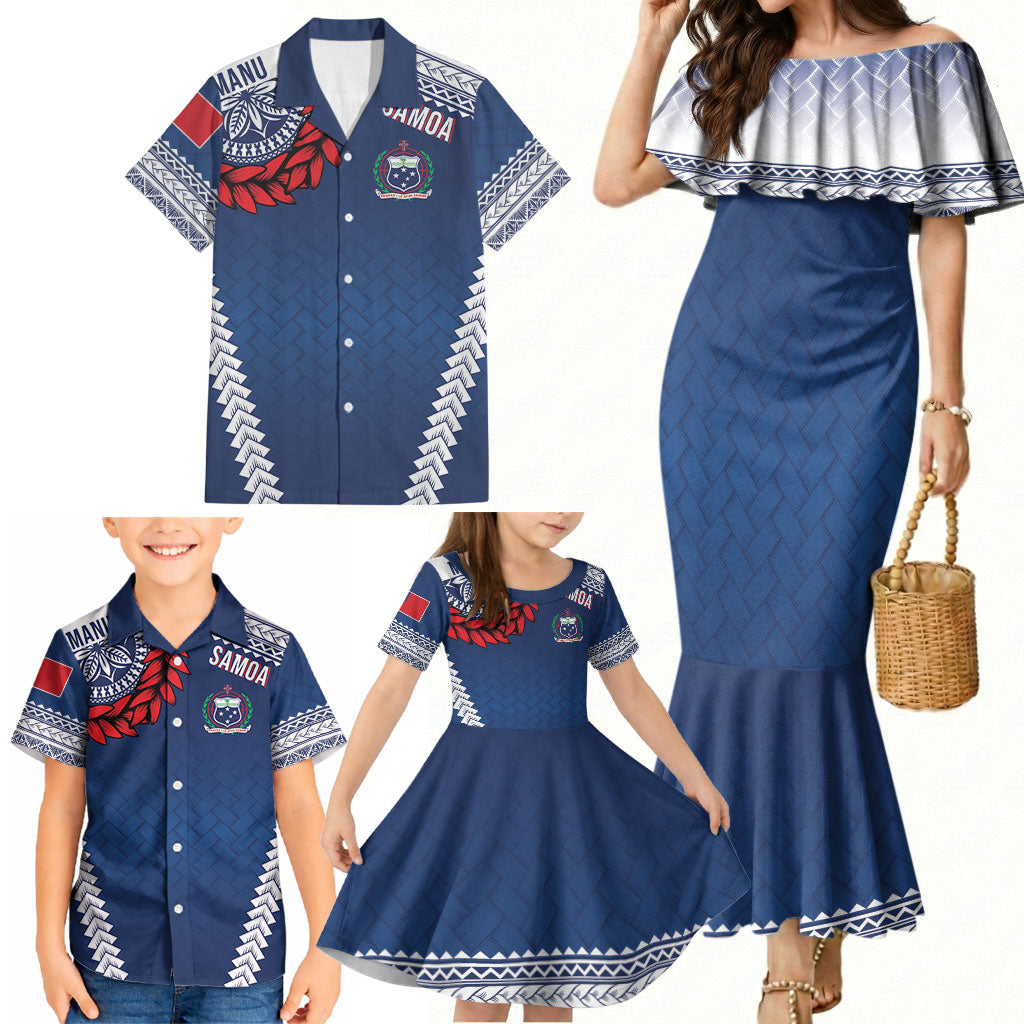 Manu Samoa Rugby Custom Navy Blue Family Matching Mermaid Dress and Hawaiian Shirt ʻIe Toga Pattern With Red Ula fala