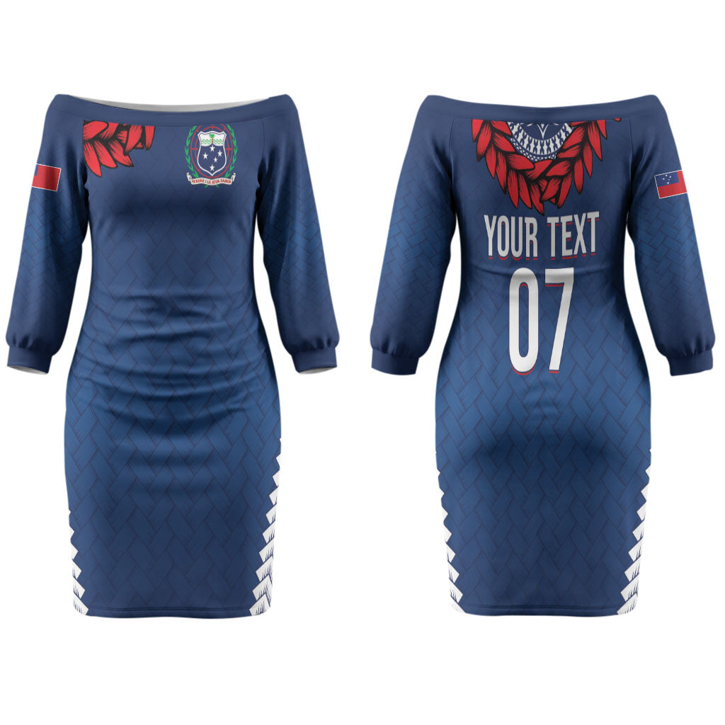 Manu Samoa Rugby Custom Navy Blue Family Matching Off The Shoulder Long Sleeve Dress and Hawaiian Shirt ʻIe Toga Pattern With Red Ula fala