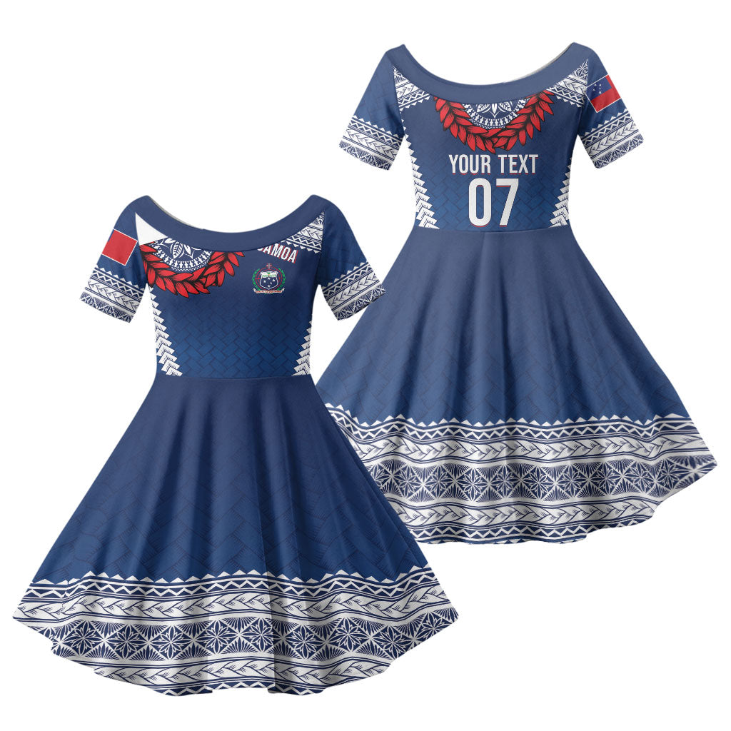 Manu Samoa Rugby Custom Navy Blue Family Matching Off The Shoulder Long Sleeve Dress and Hawaiian Shirt ʻIe Toga Pattern With Red Ula fala