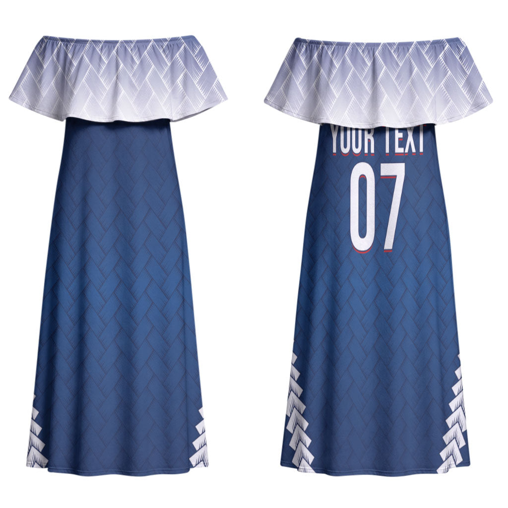 Manu Samoa Rugby Custom Navy Blue Family Matching Off Shoulder Maxi Dress and Hawaiian Shirt ʻIe Toga Pattern With Red Ula fala