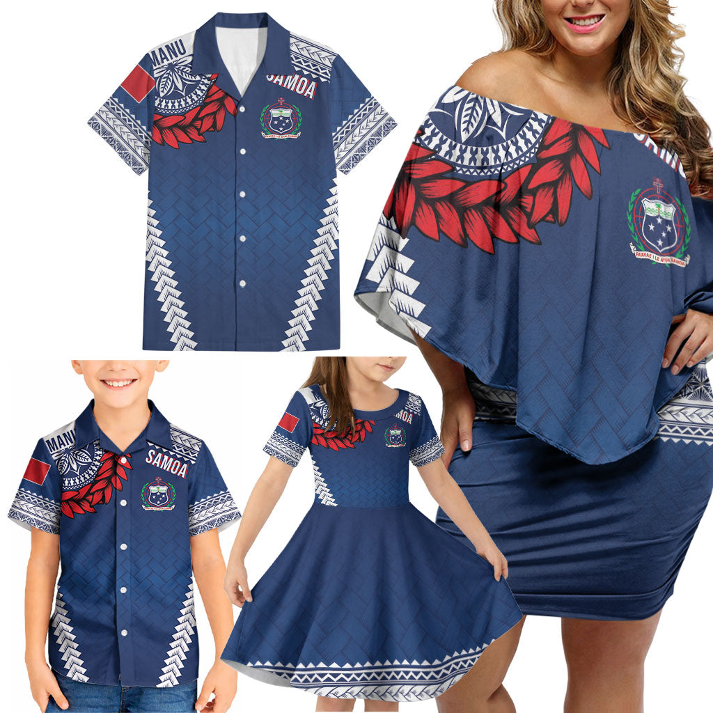 Manu Samoa Rugby Custom Navy Blue Family Matching Off Shoulder Short Dress and Hawaiian Shirt ʻIe Toga Pattern With Red Ula fala