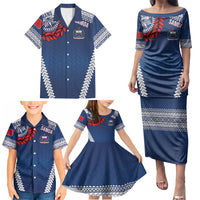 Manu Samoa Rugby Custom Navy Blue Family Matching Puletasi and Hawaiian Shirt ʻIe Toga Pattern With Red Ula fala
