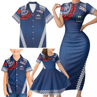 Manu Samoa Rugby Custom Navy Blue Family Matching Short Sleeve Bodycon Dress and Hawaiian Shirt ʻIe Toga Pattern With Red Ula fala