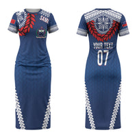 Manu Samoa Rugby Custom Navy Blue Family Matching Short Sleeve Bodycon Dress and Hawaiian Shirt ʻIe Toga Pattern With Red Ula fala