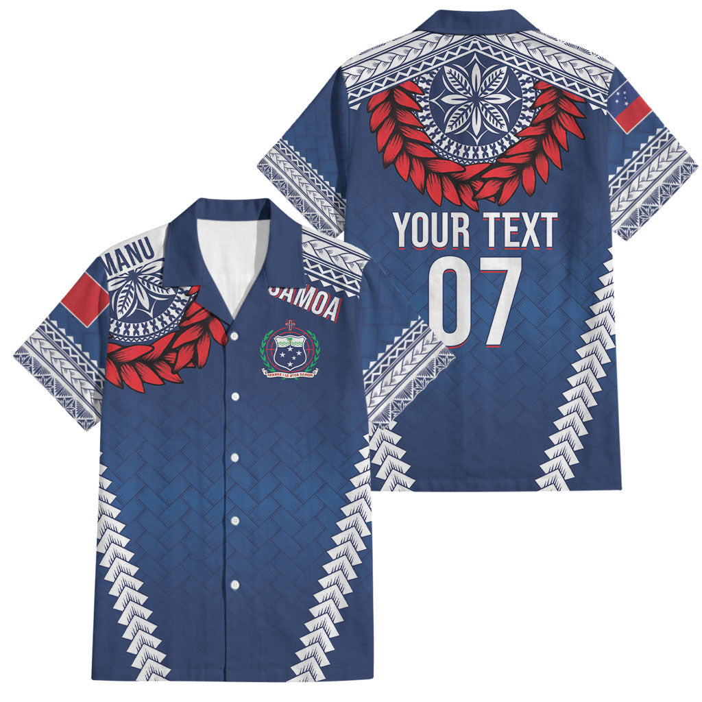 Manu Samoa Rugby Custom Navy Blue Family Matching Short Sleeve Bodycon Dress and Hawaiian Shirt ʻIe Toga Pattern With Red Ula fala